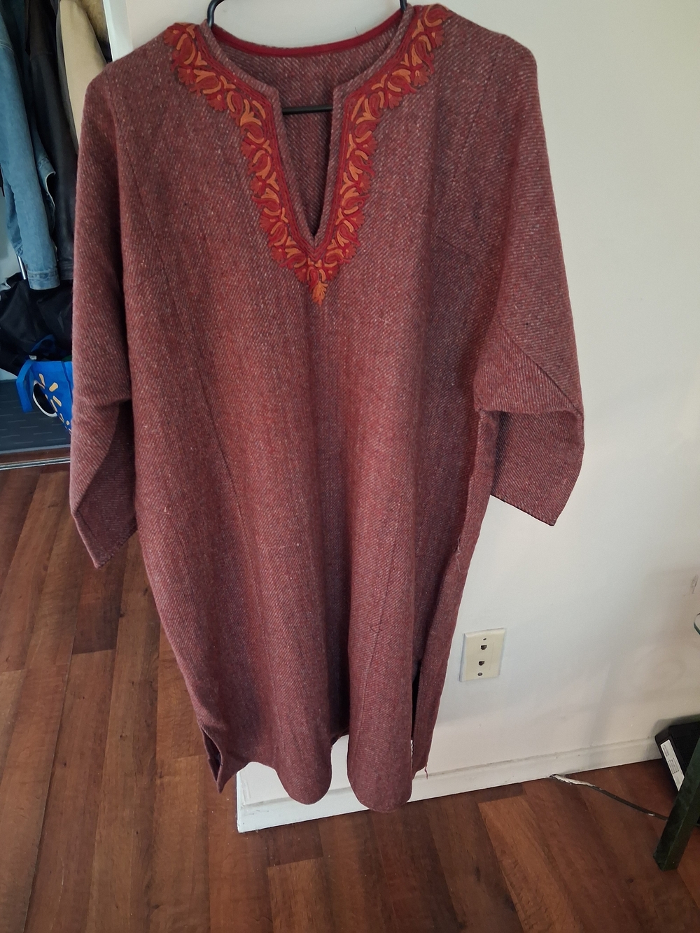 Men's Embroidered Vintage Kasmiri Pheran Sweater in Rust Red